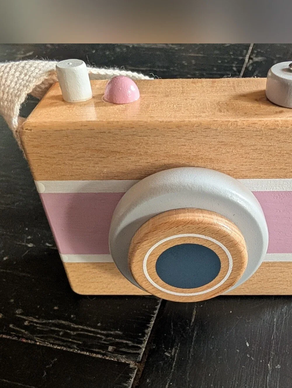 Wooden Toy Play Camera w/ Movable Lens and Gray Film Knob Velcro Strap